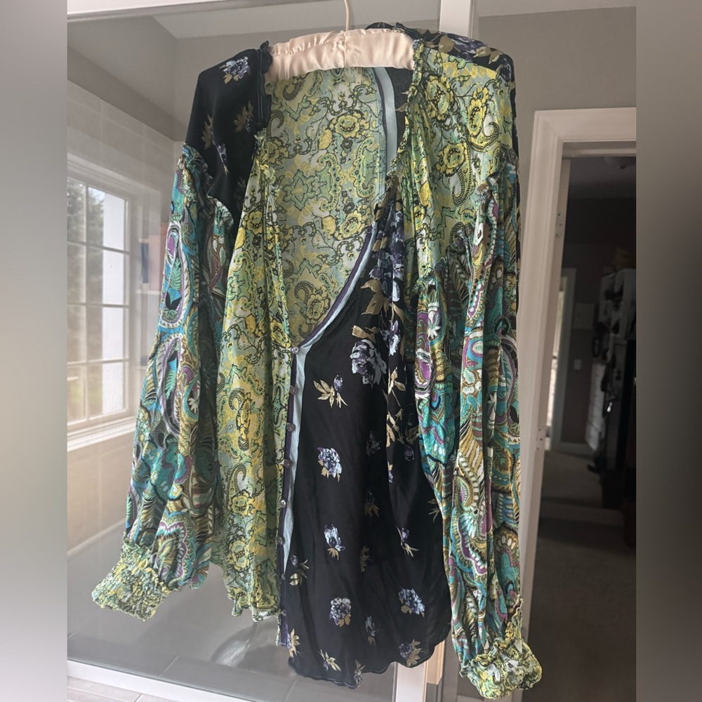 Free People Mixed Print Satin Blouse in Green and Black